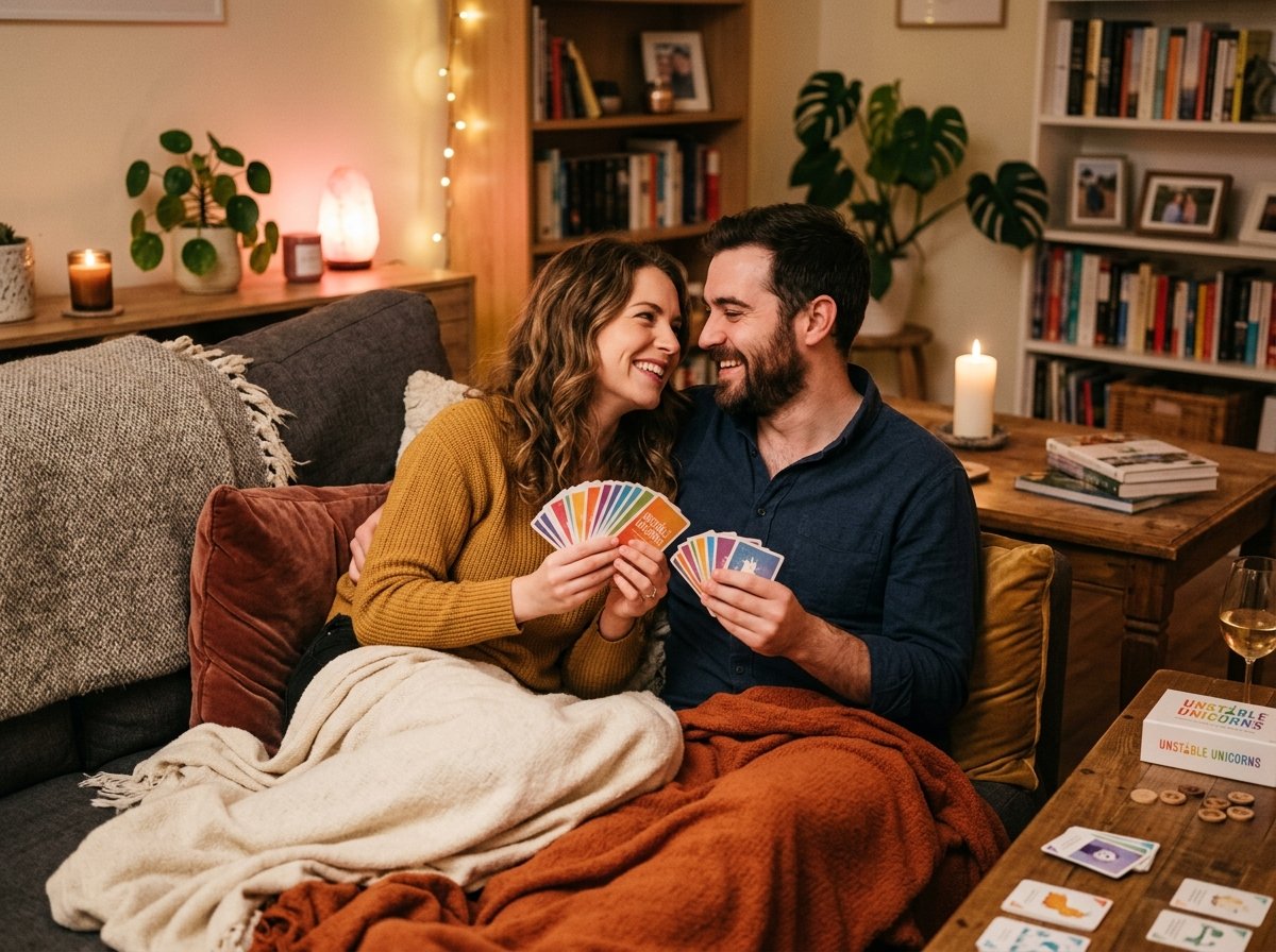 Romantic couple playing couples card game